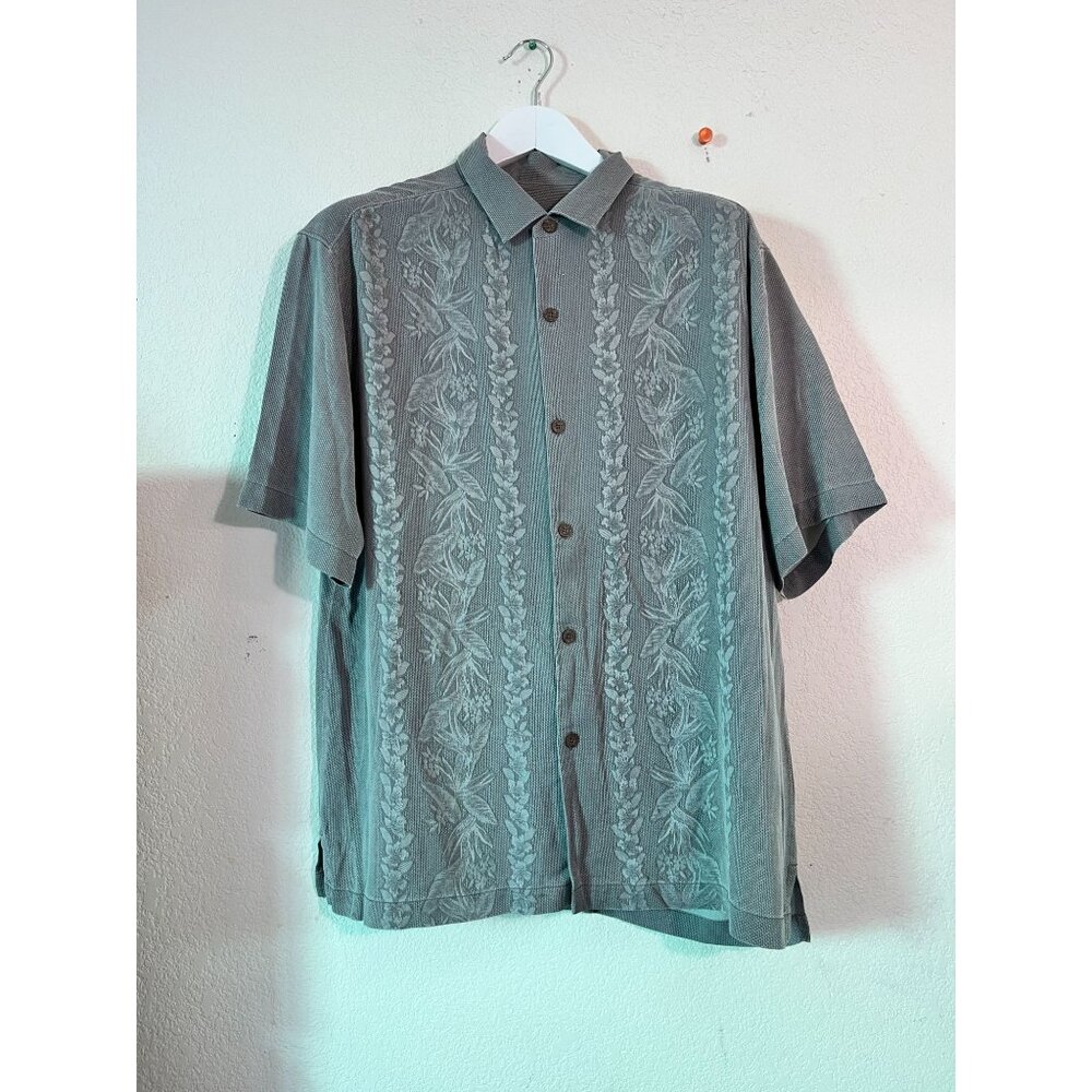 Tommy Bahama Mens Short-Sleeve Silk Embroidered island Shirt Large Gray Casual